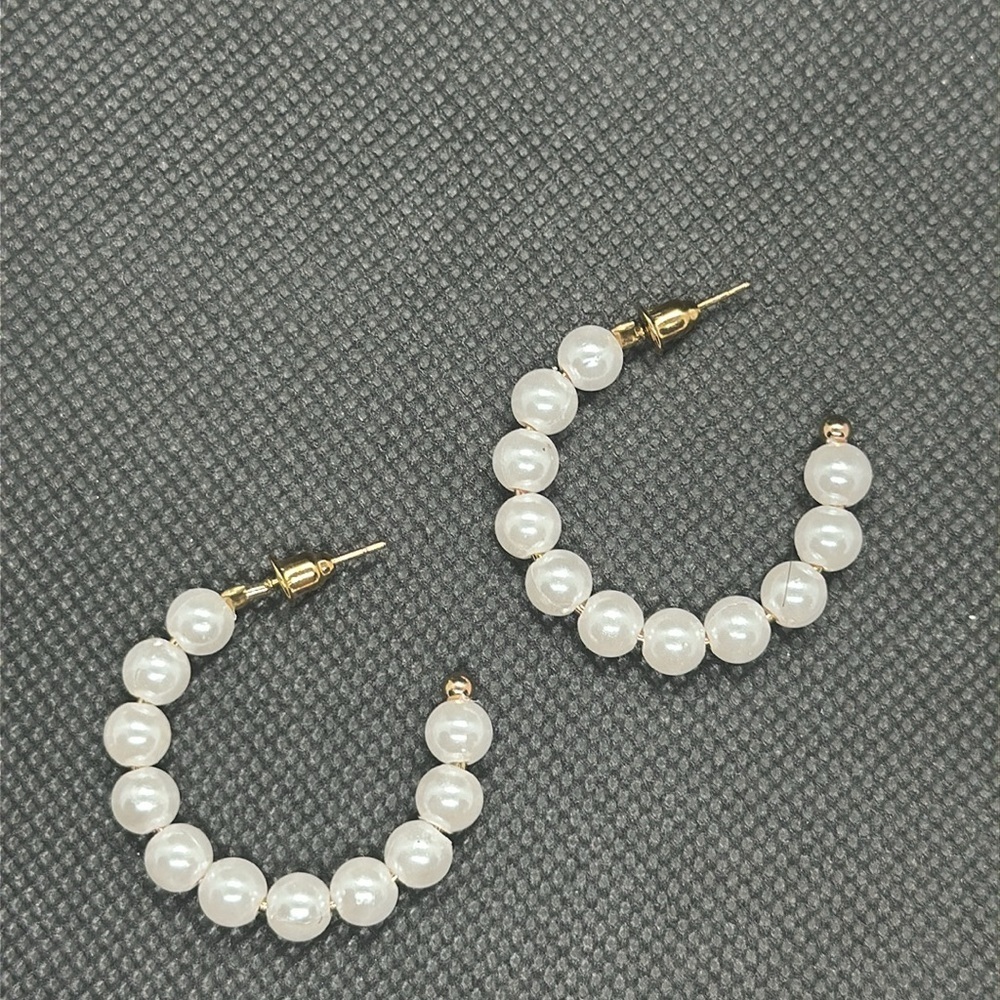 Classic White Simulated Pearl Gold Tone Elegant C-Hoops | Timeless Jewelry - Picture 4 of 16